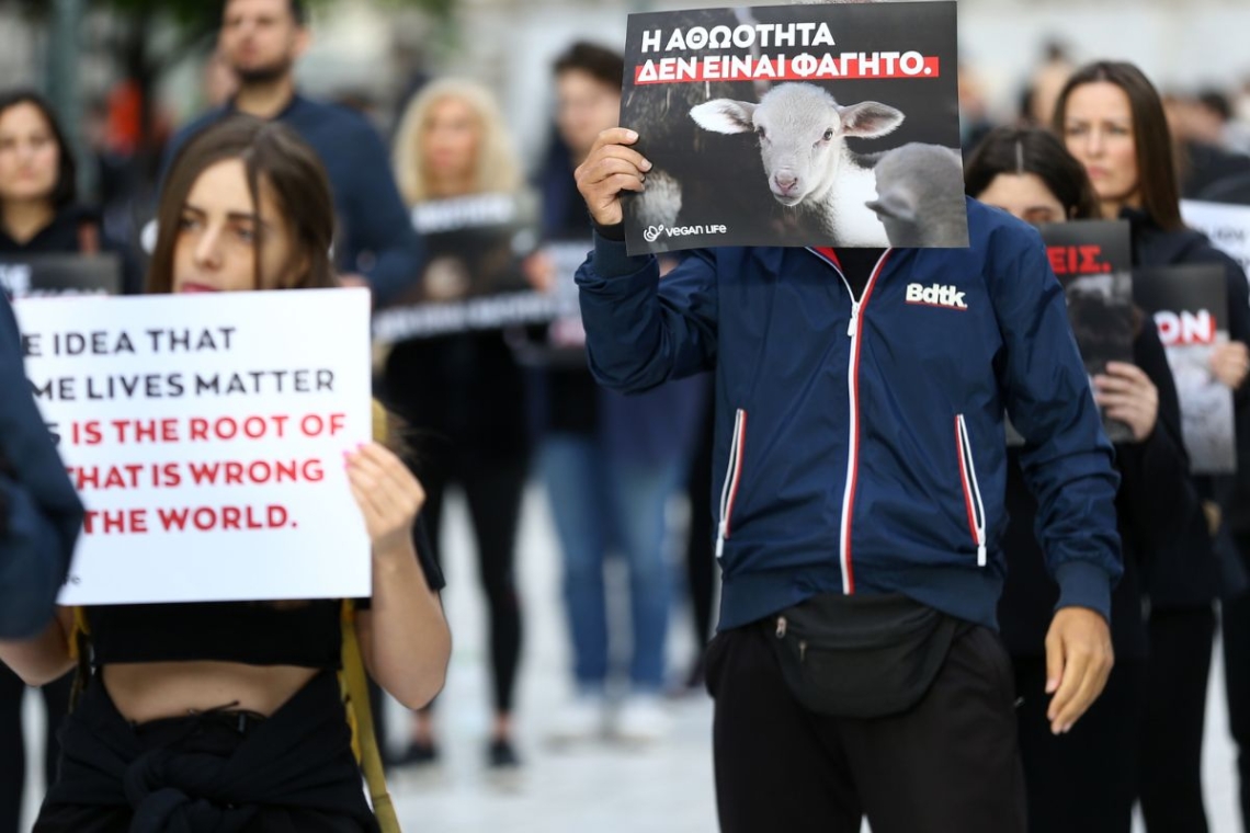 Vegan διαμαρτυρία στο Σύνταγμα κατά της σφαγής αμνοεριφίων το Πάσχα